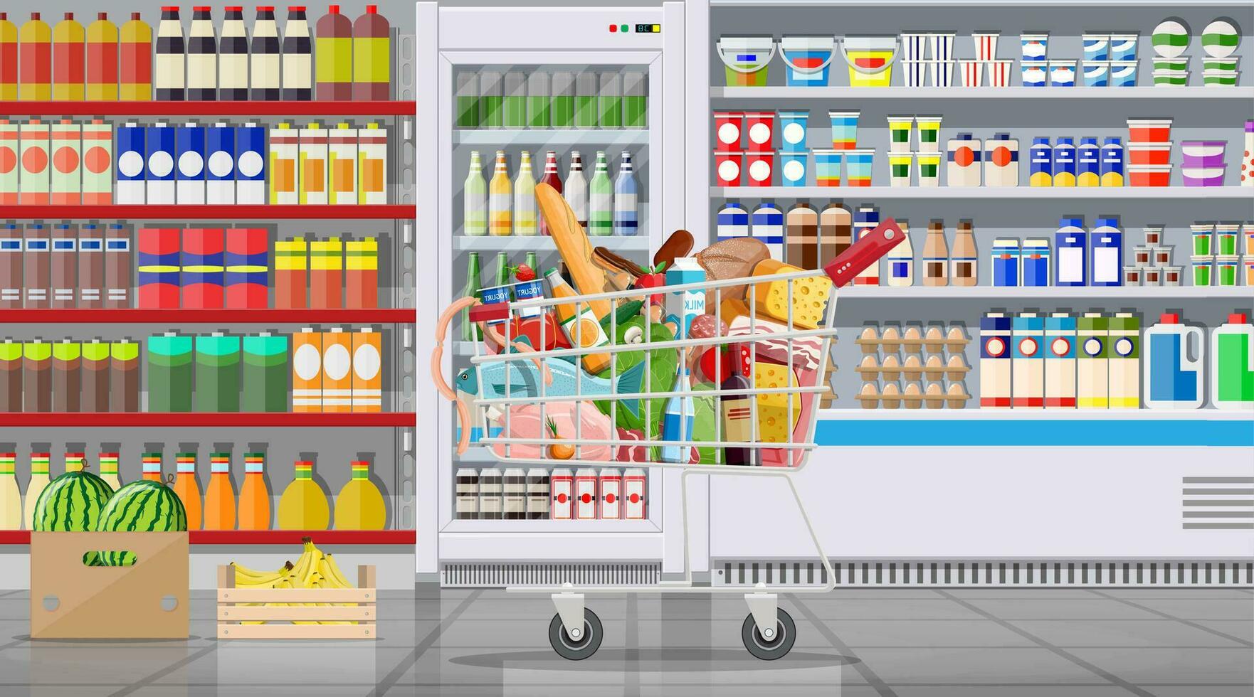 Supermarket store interior with goods. Big shopping mall. Groceries shop. Inside of super market. Cart full of food. Grocery, drinks, fruits, dairy products. Vector illustration in flat style