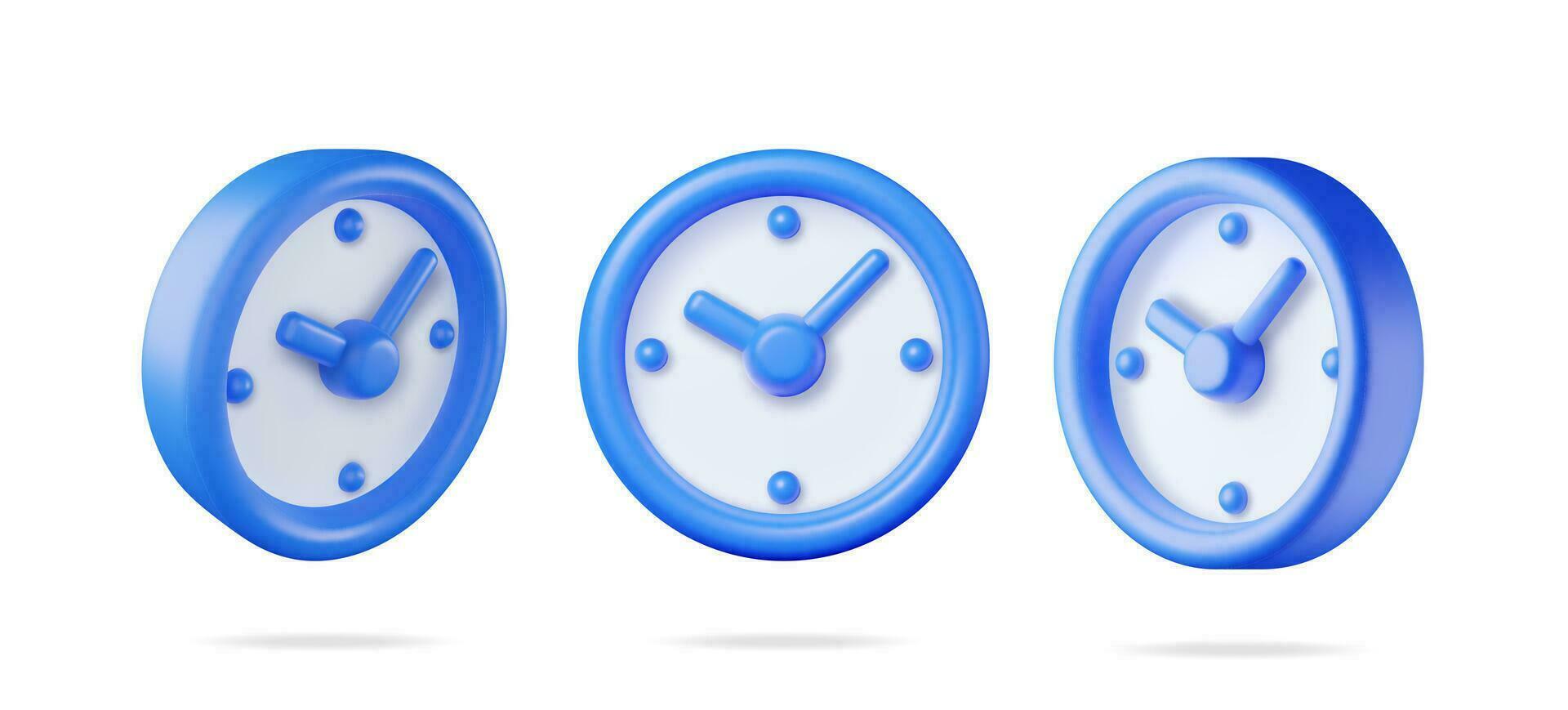 3D Set of Classic Round Wall Clock in Different Angles Isolated. Render Collection of Alarm Clock Icon. Measurement of Time, Deadline, Time-Keeping, Time Management. Watch Symbol. Vector Illustration