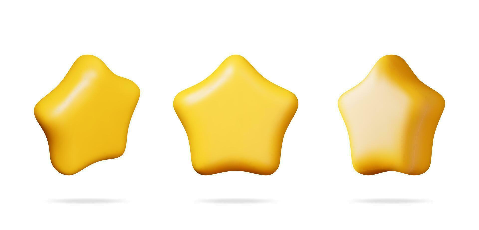 3D Glossy Yellow Star in Different Angles Isolated. Reviews Round Star Realistic Render Collection. Testimonial Rating, Feedback, Survey, Quality and Review. Achievements or Goal. Vector Illustration