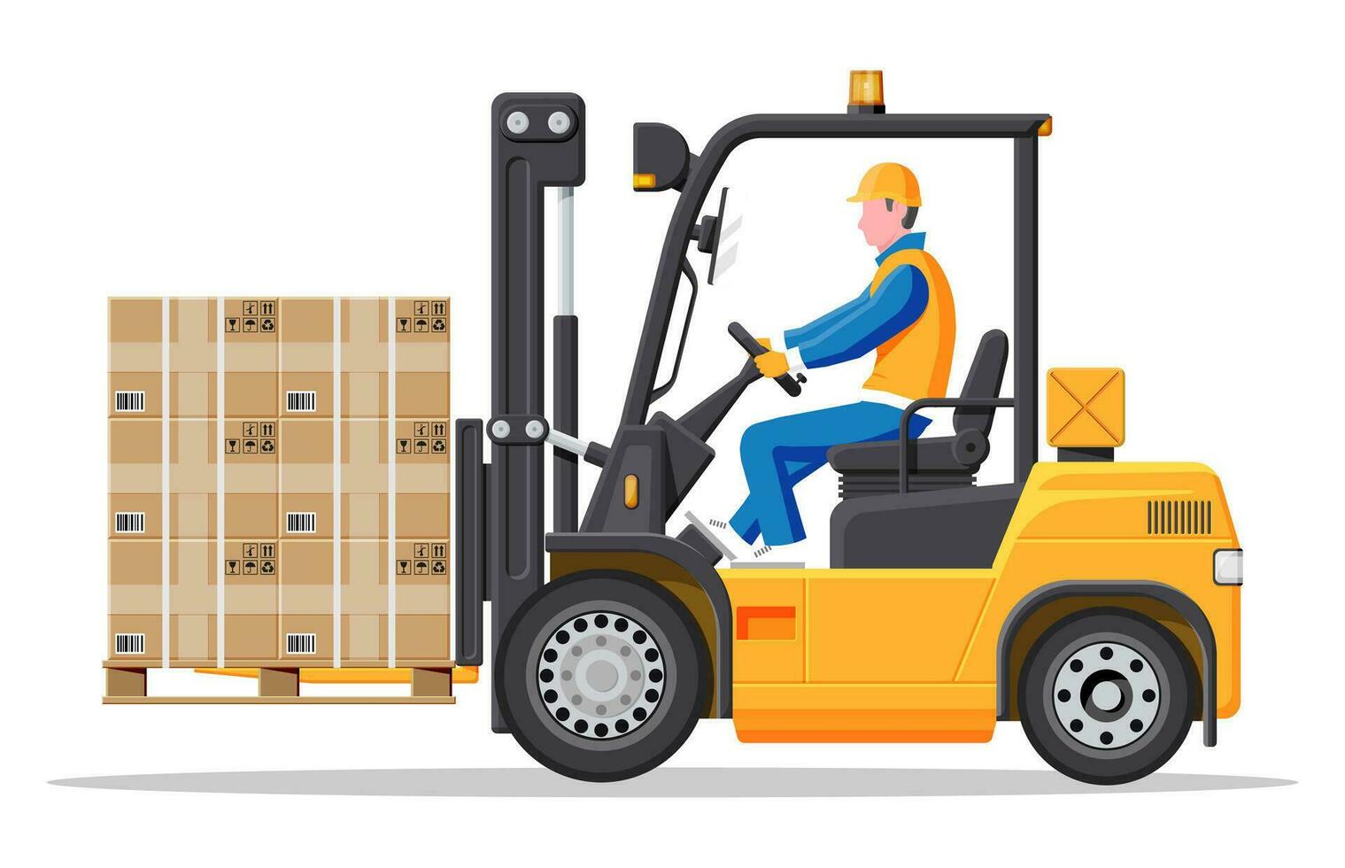 Yellow forklift truck with driver isolated on white background. Empty electric uploader. Delivery, logistic and shipping cargo. Warehouse and storage equipment. Flat vector illustration