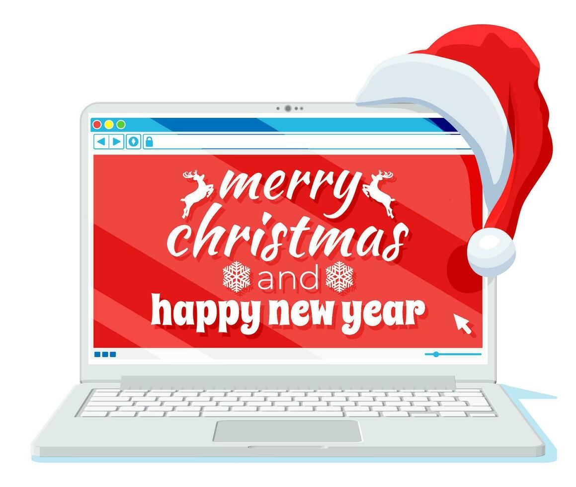 Laptop is in Santa Claus hat isolated. Christmas Notebook covered with Santa cap. Happy new year decoration. Merry christmas holiday. New year and xmas celebration. Vector illustration flat style