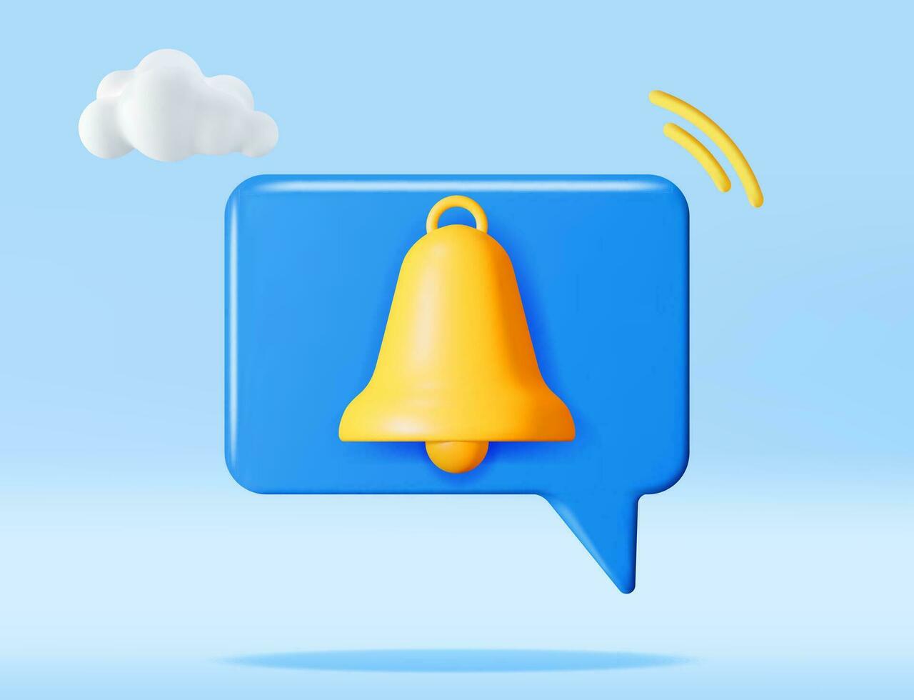 3D Notification Bubble with Bell Icon. Golden Render Ringing Bell. Gold School Bell and Chat Cloud Mockup. Alert and Alarm Symbol. Social Media Network Notification Reminder. Vector Illustration