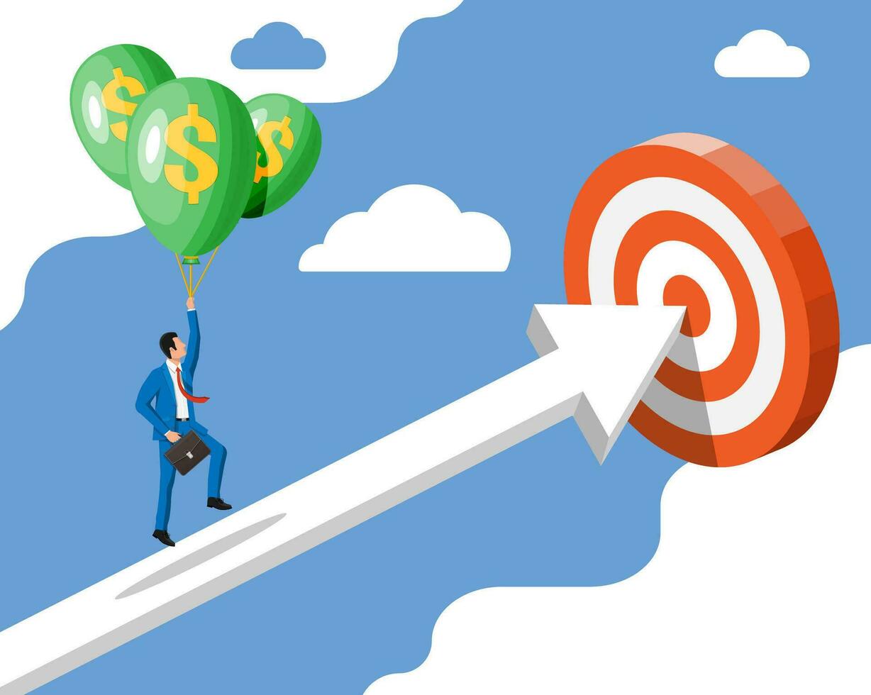 Businessman in suit flying a balloon over graph chart. Business man with briefcase and helium balloon with dollar sign. Concept of success career growth. Achievement and goal. Flat vector illustration