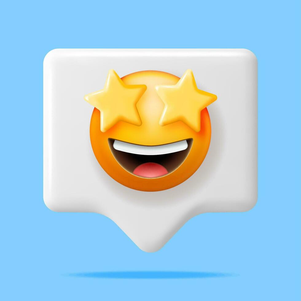 3D Yellow Excited Starry Eyed Emoticon in Chat Bubble Isolated. Render Laughing Star Shaped Eyes Emoji. Happy Face LOL. Communication, Web, Social Network Media, App. Realistic Vector Illustration