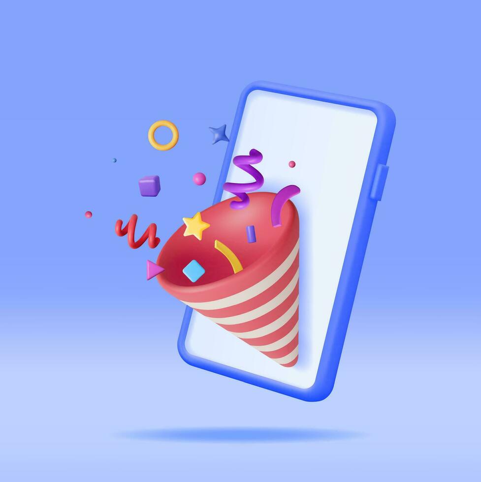 3D Party Popper with Confetti on Mobile Phone. Render Plasticine Confetti on Smartphone. Colorful Firecracker Elements in Various Shapes. Party Holyday Surprise or Birthday Events. Vector Illustration