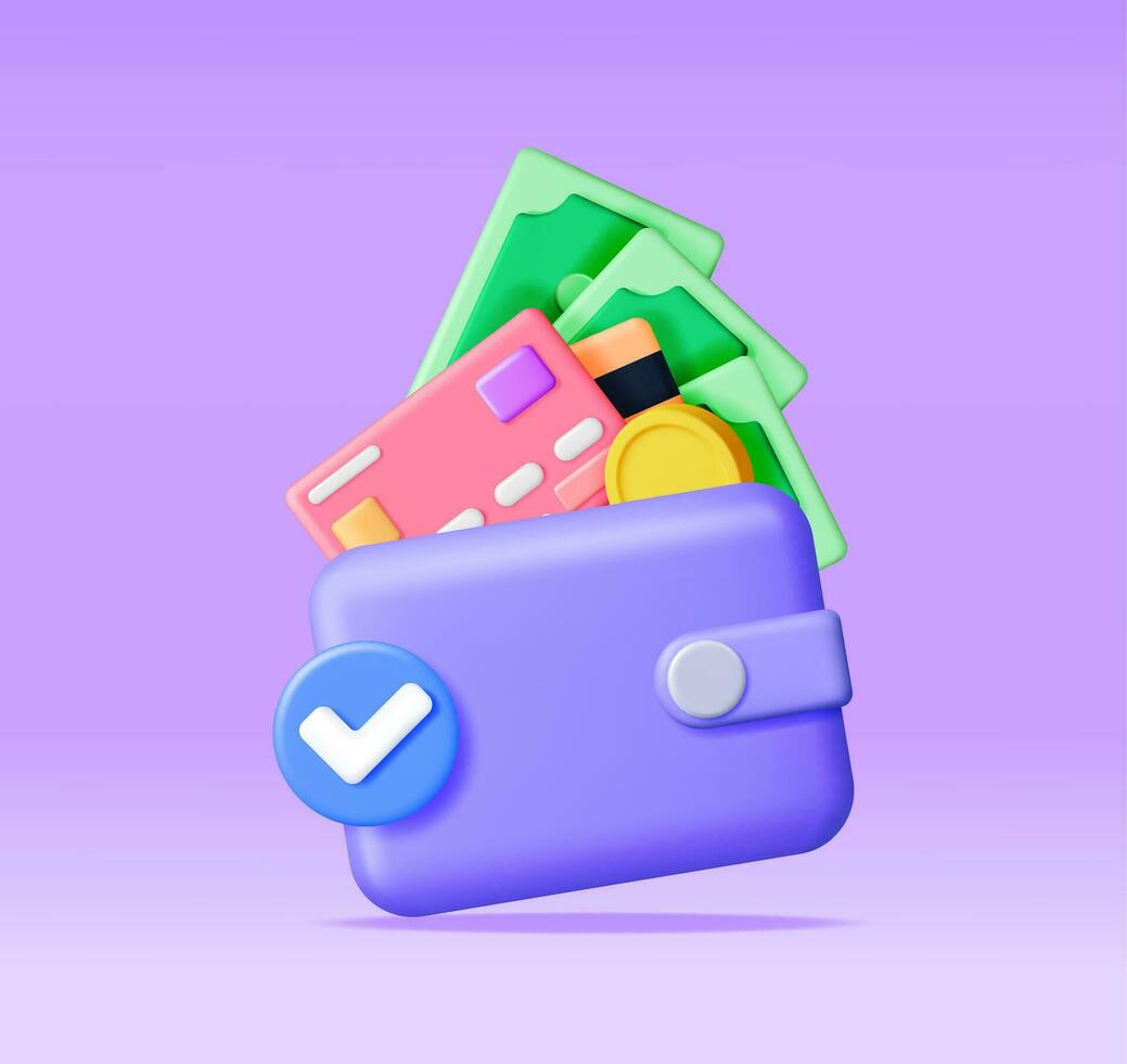 3D Money and Leather Wallet with Checkmark. Bank Card and Purse. Gold Coins and Dollar Bills. Render Money Bills. Growth, Income, Savings, Investment or Wealth. Business Success. Vector illustration.