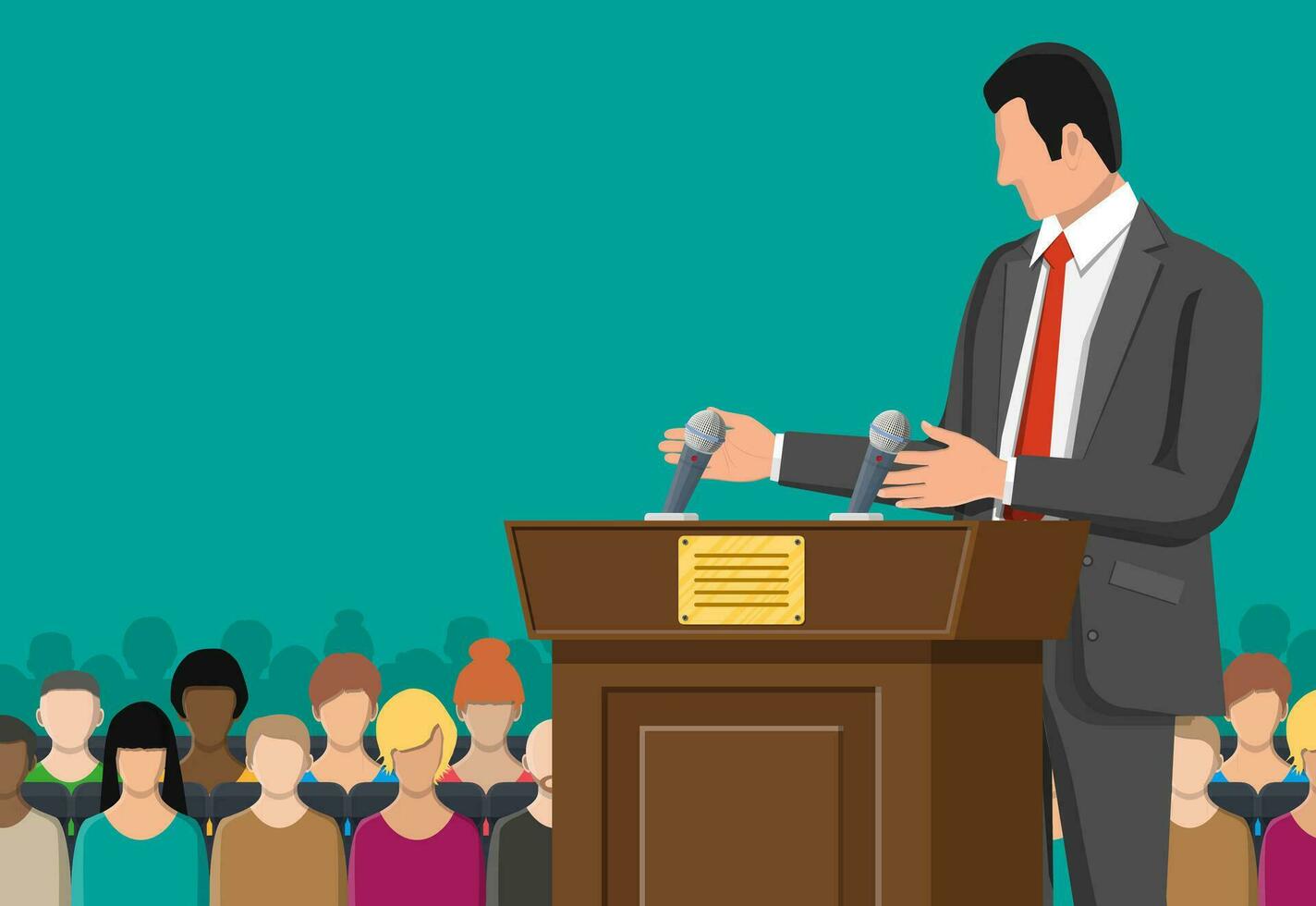 Orator speaking from tribune. Public speaker. Wooden rostrum with microphones for presentation. Stand, podium for conferences, lectures debates. Crowd, demonstrators, protest. Flat vector illustration