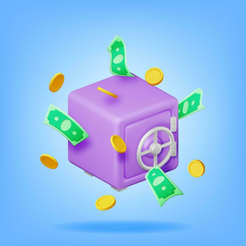 3d Safe Box Full of Money Isolated on White. Render Plastic Style Safebox Cash Coins, Dollars Icon. Bank Vault Security, Deposit Storage, Cash Safety Safebox. Saving, Stored Money. Vector Illustration