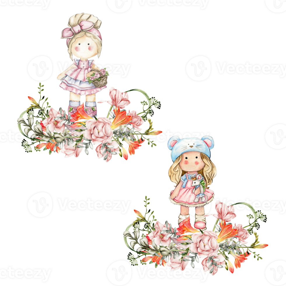 Composition of doll Tilda in dress and freesia flowers. png