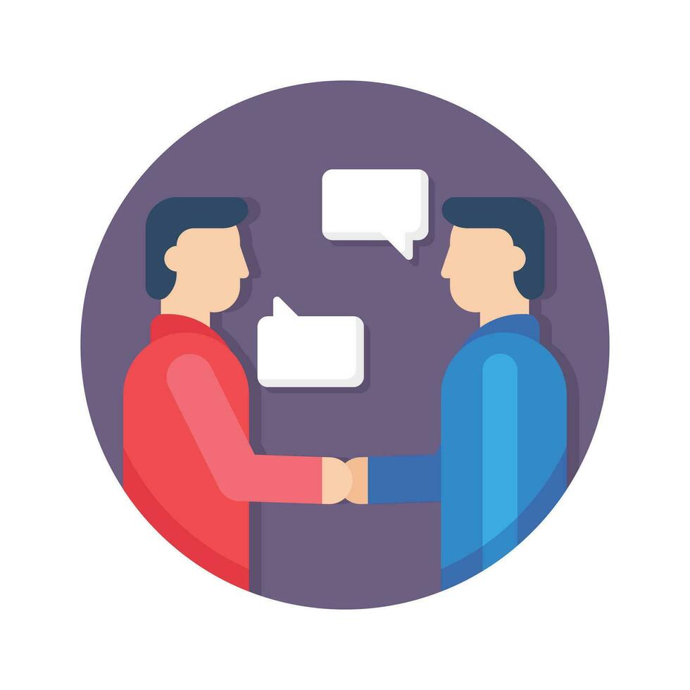 Two persons shaking hands and having conversation, flat modern icon of communication vector