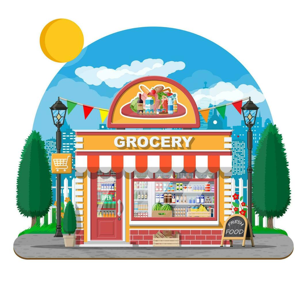 Grocery store front with window and door. Wooden and brick facade. Glass showcase of boutique. Small european style shop exterior. Commercial, property, market or supermarket. Flat vector illustration