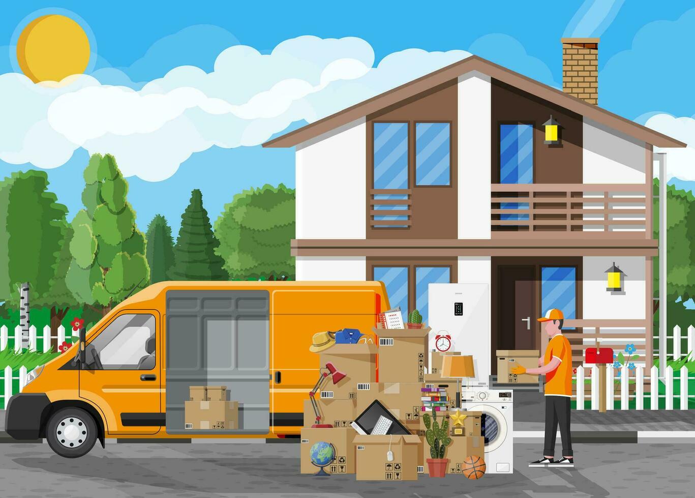 Moving to new house. Family relocated to new home. Male mover, paper cardboard boxes near house facade. Package for transportation. Delivery van full of goods. Vector illustration in flat style