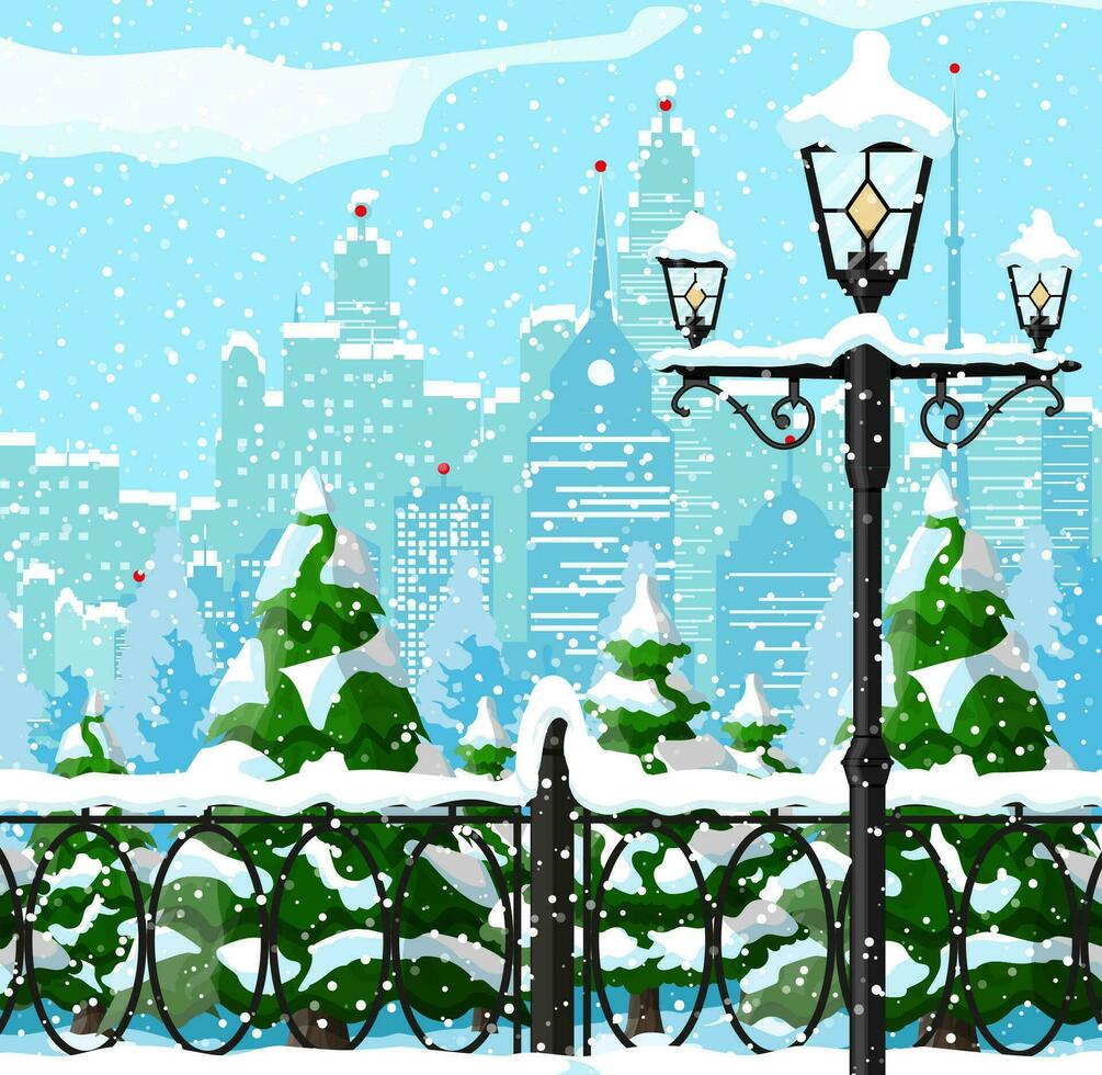 Christmas winter cityscape, snowflakes and trees. City park snow alley and buildings. Happy new year decoration. Merry christmas holiday. New year and xmas celebration. Vector illustration flat style