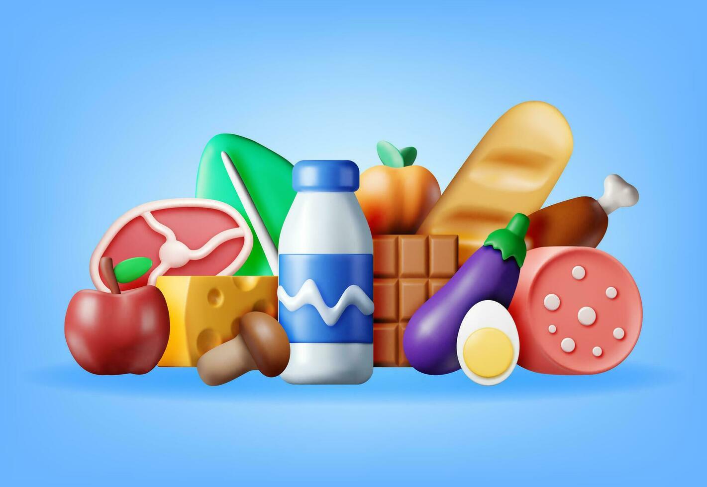 3D Collection of Fresh Products. Render Grocery Store Set Supermarket. Food and Drinks. Milk, Vegetables, Meat Chicken, Cheese, Sausage, Salad, Bread, Chocolate and Egg. Vector illustration