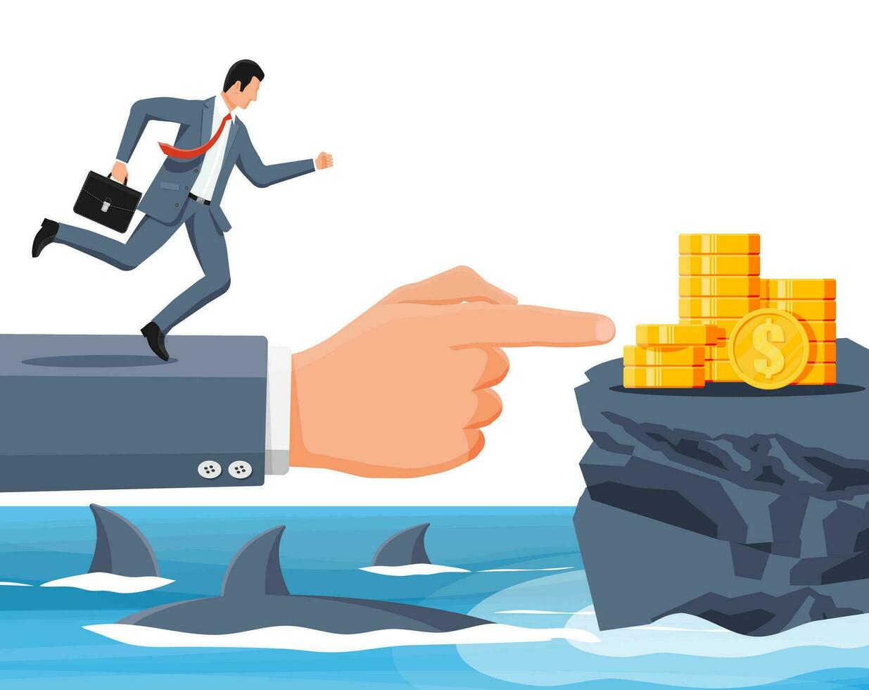 Businessman running on hand over shark in water. Business man in suit jump between gap. Obstacle on road, financial crisis. Team work, cooperation. Risk management challenge. Flat vector illustration