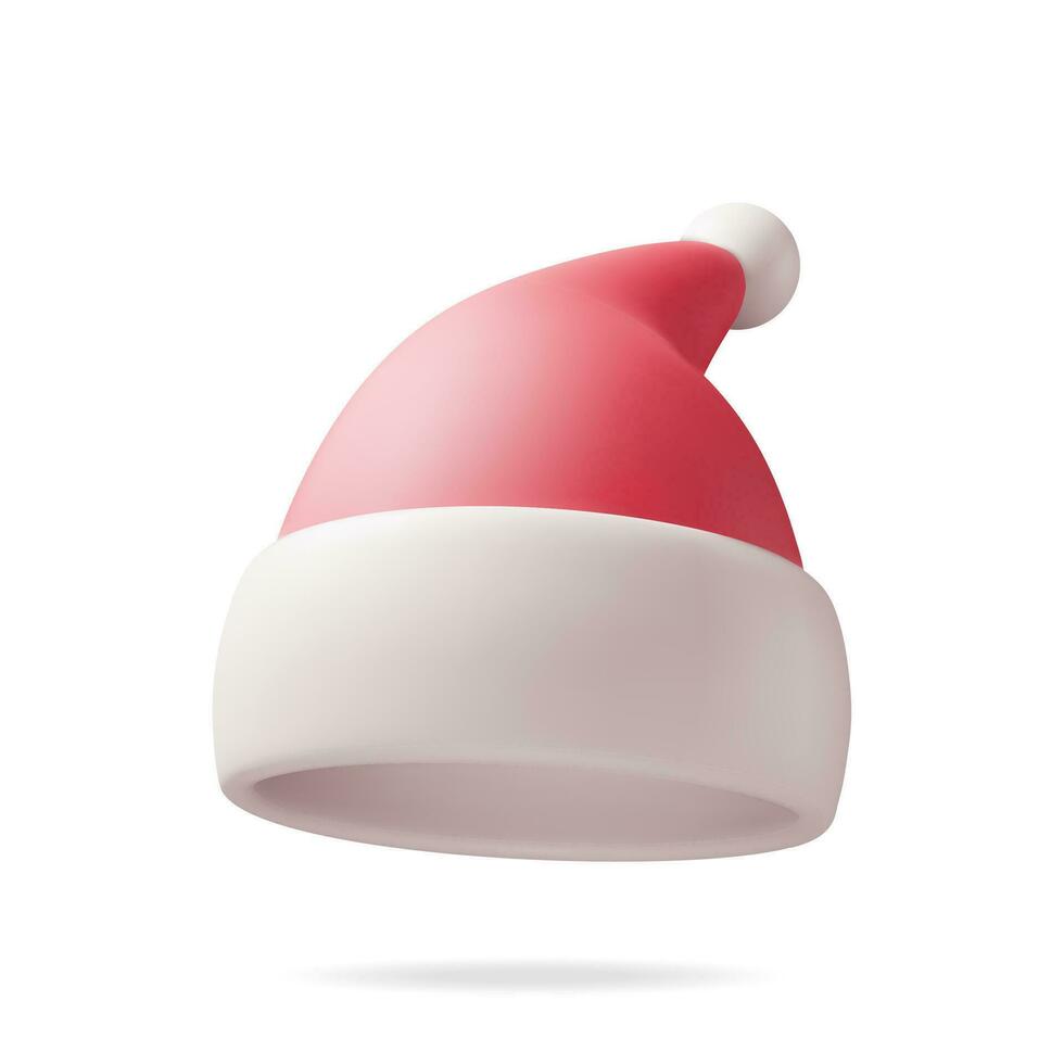 3D Red Santa Claus Hat Isolated on White. Render Hat with Fur and Pompon. Happy New Year Decoration. Merry Christmas Clothes Holiday. New Year and Xmas Celebration. Realistic Vector Illustration