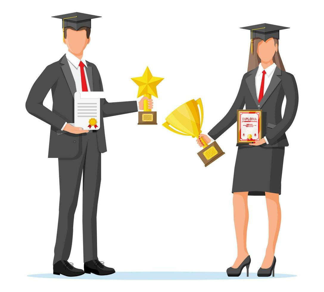 Successful businesswoman and man holding trophy and showing award certificate, celebrates victory. Business success, triumph, goal or achievement. Winning of competition. Flat vector illustration