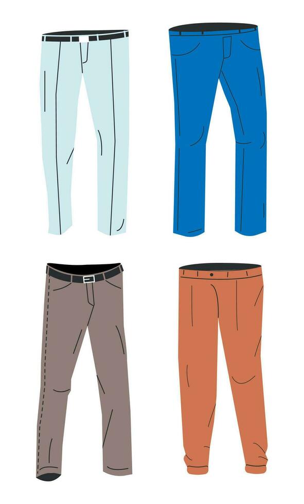 masculino pantalones modelos recopilación. conjunto de hombre mezclilla bermudas, pantalones o pantalones. casual de moda ropa para hombres. flaco, acampanado y clásico vaqueros. dibujos animados plano vector ilustración