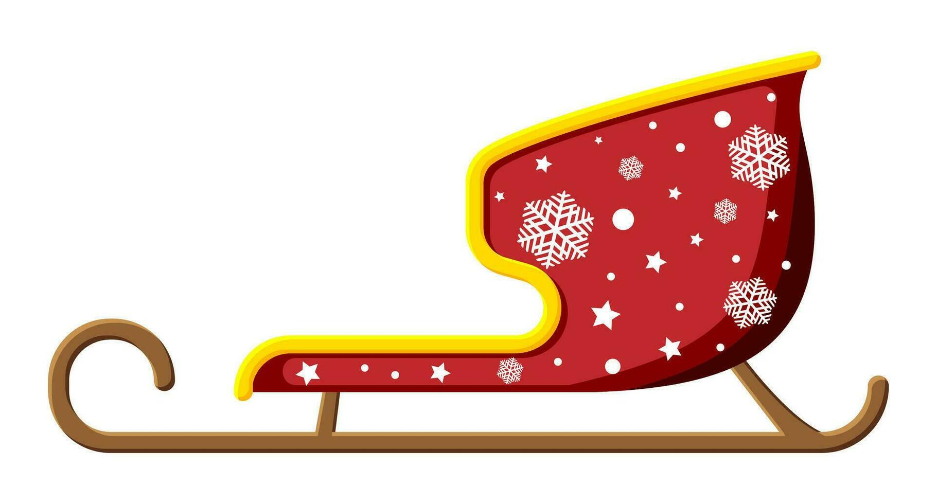 Empty santa sleigh with snowflakes. Holiday christmas sledge. Happy new year decoration. Merry christmas holiday. New year and xmas celebration. Vector illustration in flat style