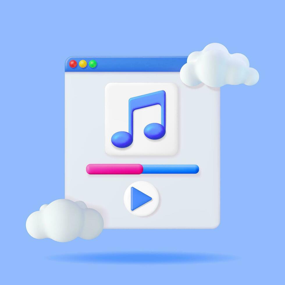 3D Music Note in Cloud in Browser Window. Render Streaming Music Platform Icon. Modern Music Cloud Service Symbol. Note Realistic Design. Musical Note, Sound, Song or Noise Sign. Vector illustration