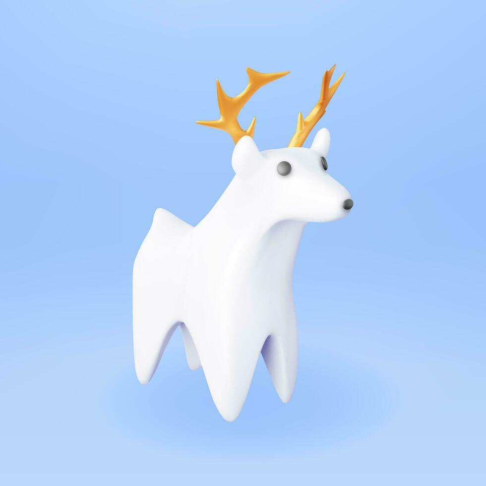 3D Christmas Deer Statue Isolated. Render Ceramic Deer Figurine. Cute Deer with Antlers. Happy New Year Reindeer Decoration. Merry Christmas Holiday. New Year and Xmas Celebration. Vector Illustration