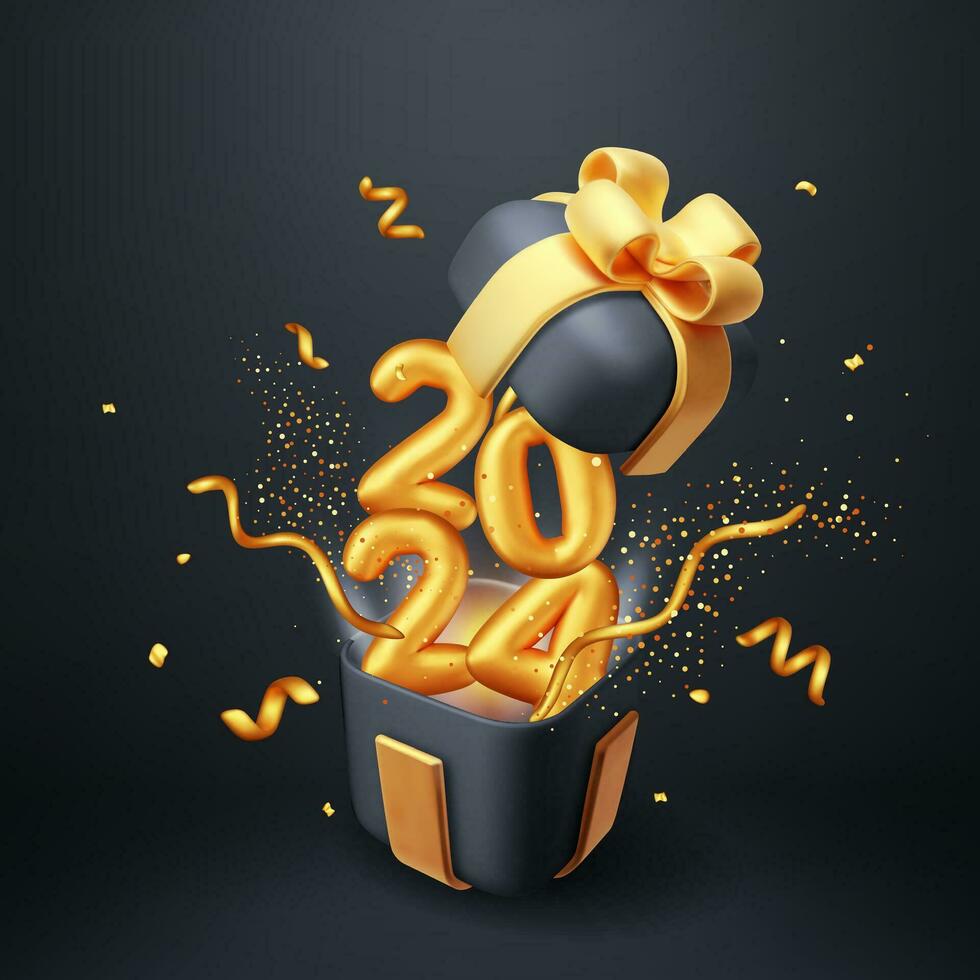 3D Open Gift Box with Number Sign 2024 and Falling Confetti. Render Present Box Surprise. Christmas. New Year Sale, Shopping. Present Box with Bows Ribbons. Giftbox for Holiday. Vector Illustration