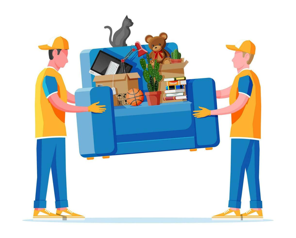 Delivery character man movers carry armchair with household items. Porters carry couch isolated. Moving company with loaders and furniture. Delivery relocation service. Flat vector illustration