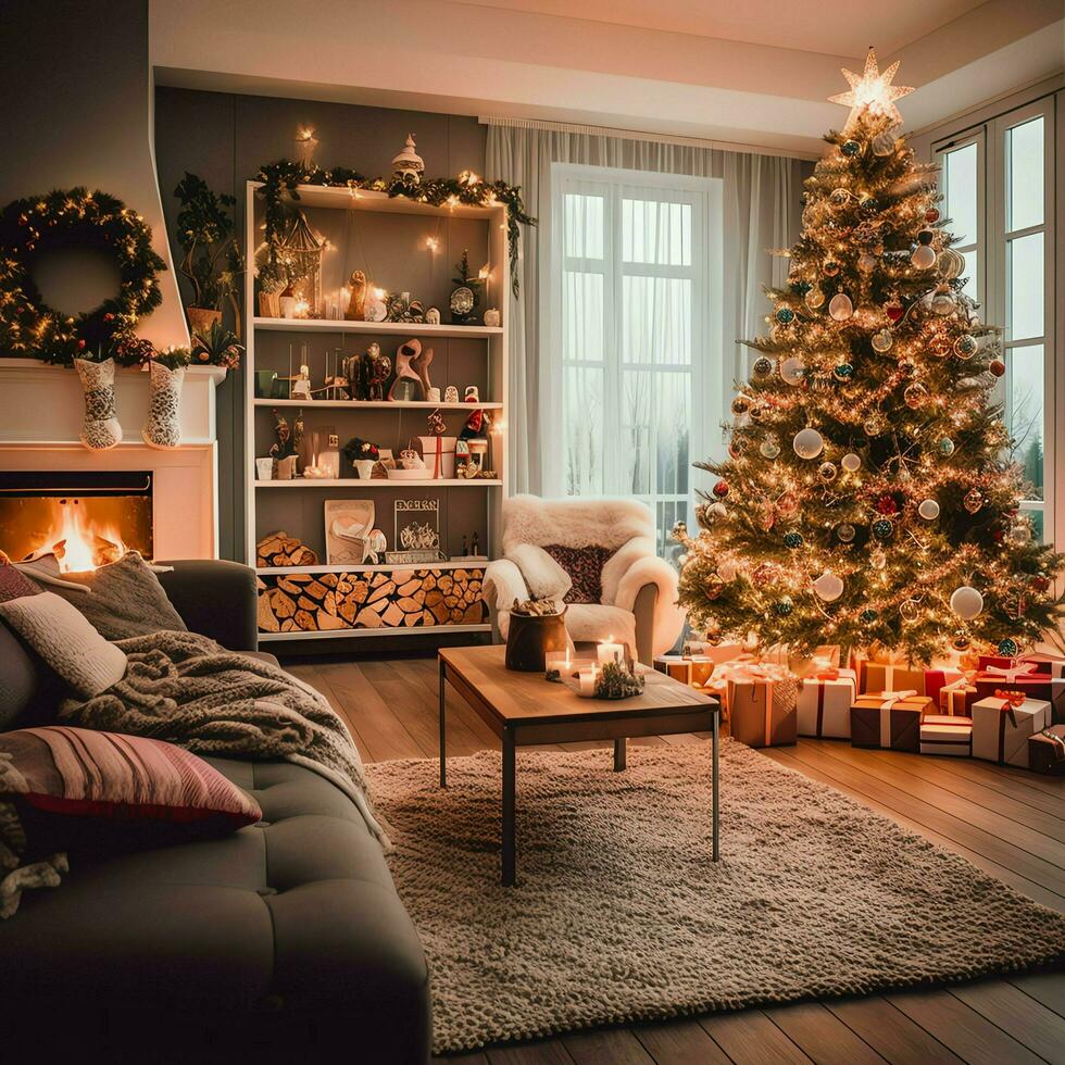 Cosy living room with beautiful christmas tree and red gifts in modern interior. Interior of living room decorated for merry christmas with socks, gift boxes and christmas accessories by AI Generated photo