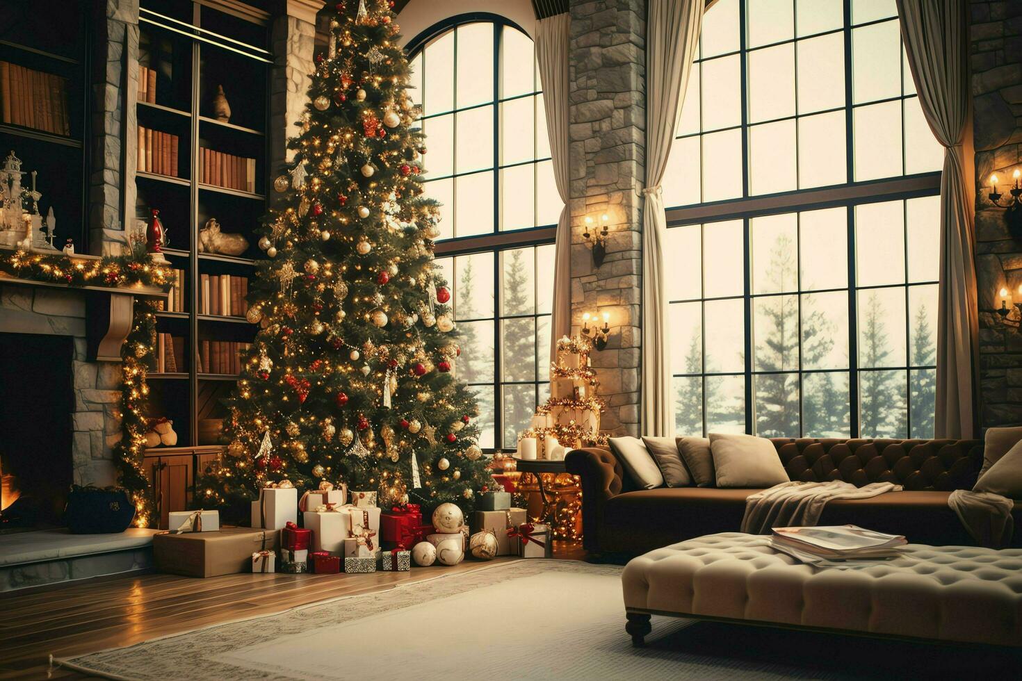 Cosy living room with beautiful christmas tree and red gifts in modern interior. Interior of living room decorated for merry christmas with socks, gift boxes and christmas accessories by AI Generated photo
