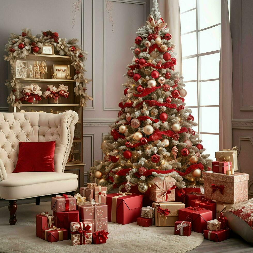 acogedor vivo habitación con hermosa Navidad árbol y rojo regalos en moderno interior. interior de vivo habitación decorado para alegre Navidad con medias, regalo cajas y Navidad accesorios por ai generado foto