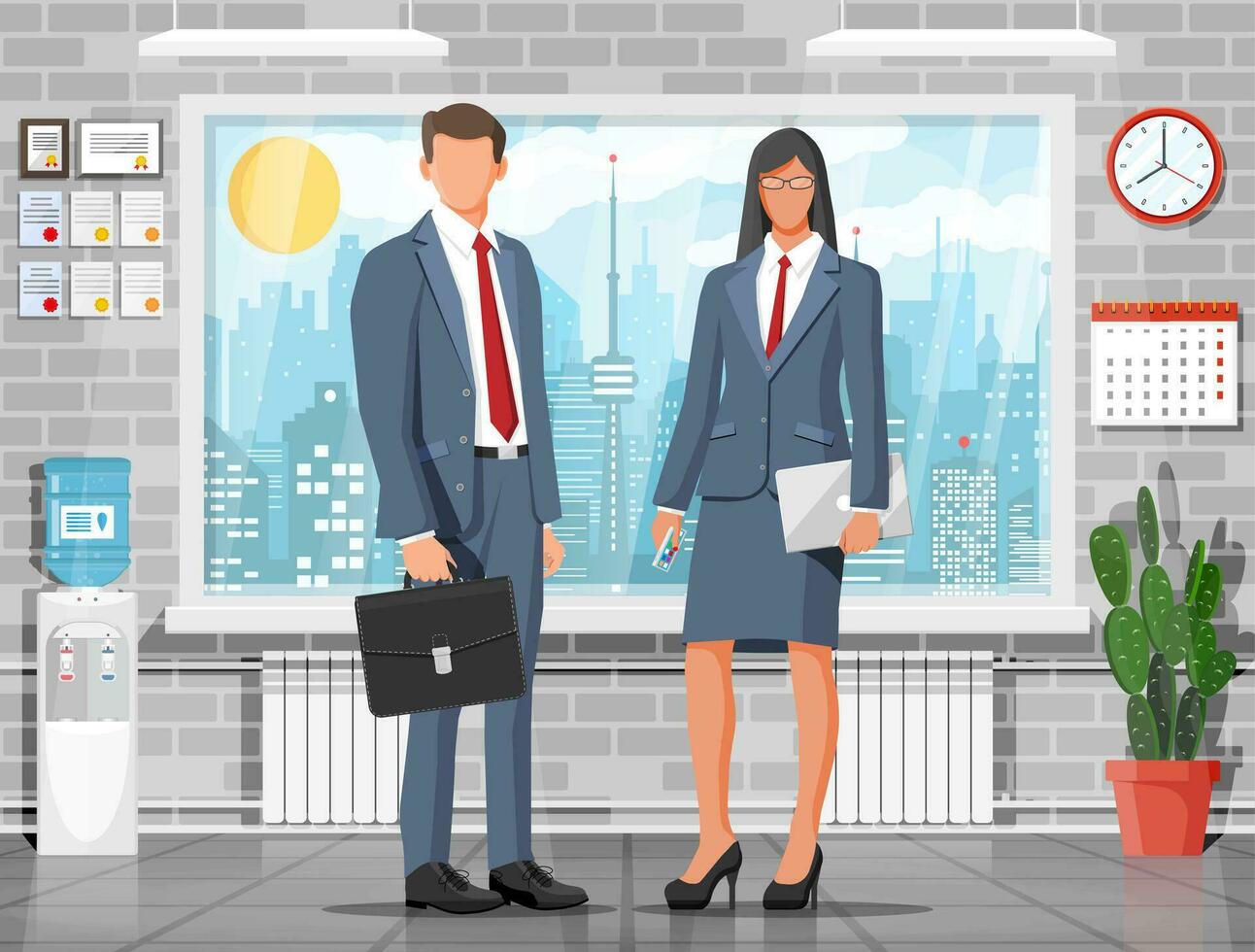 Office interior with businesswoman and businessman. Business people at workspace. Drawer, tree, clocks, calendar, printer. Modern business workplace. Cartoon flat vector illustration