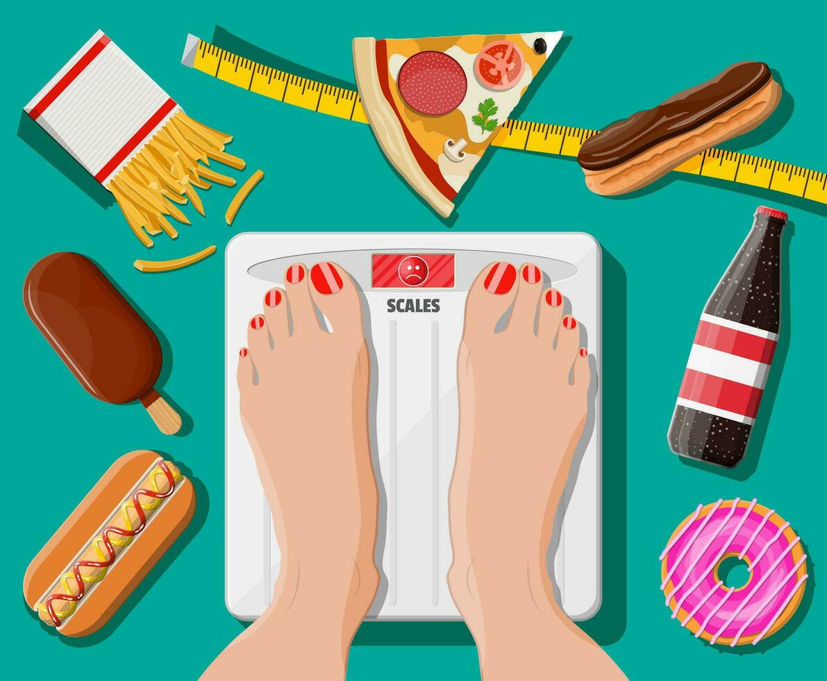 Overweight woman standing on bathroom scale, fast food on floor. Pizza, hotdog, donut, ice cream, fries, cola. Healthy lifestyle diet, proper nutrition, obesity overeating. Flat vector illustration