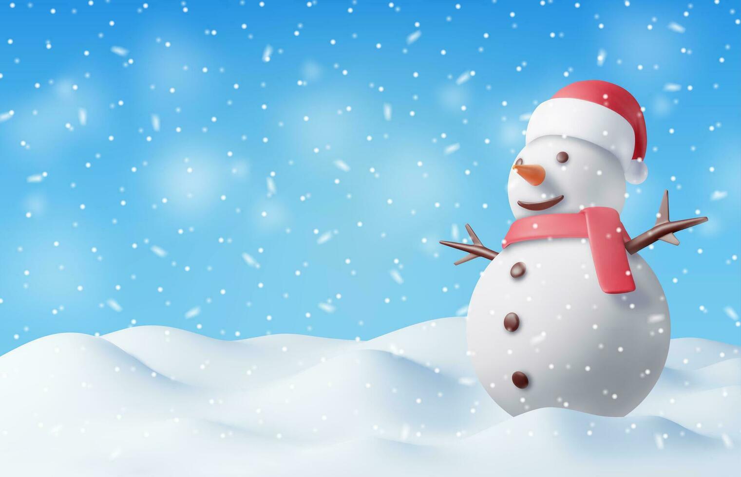 3D Winter Christmas Background. Snowman and Snow. Render Winter Landscape with Snowing. Happy New Year Celebration. New Year Xmas Holiday. Realistic Vector Illustration