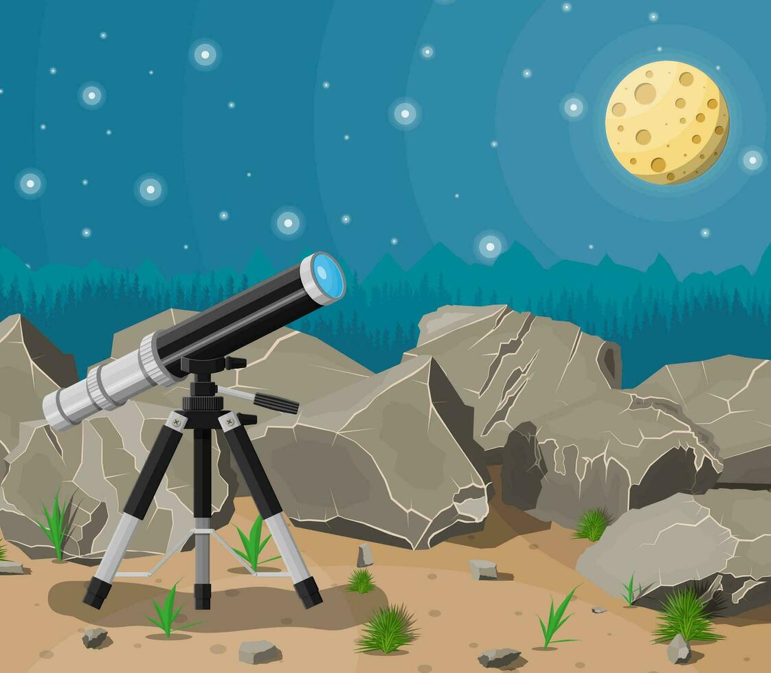 Observation through spyglass. Nature mountain landscape with telescope, moon and stars. Astronomy, research, observe and education. Vector illustration in flat style