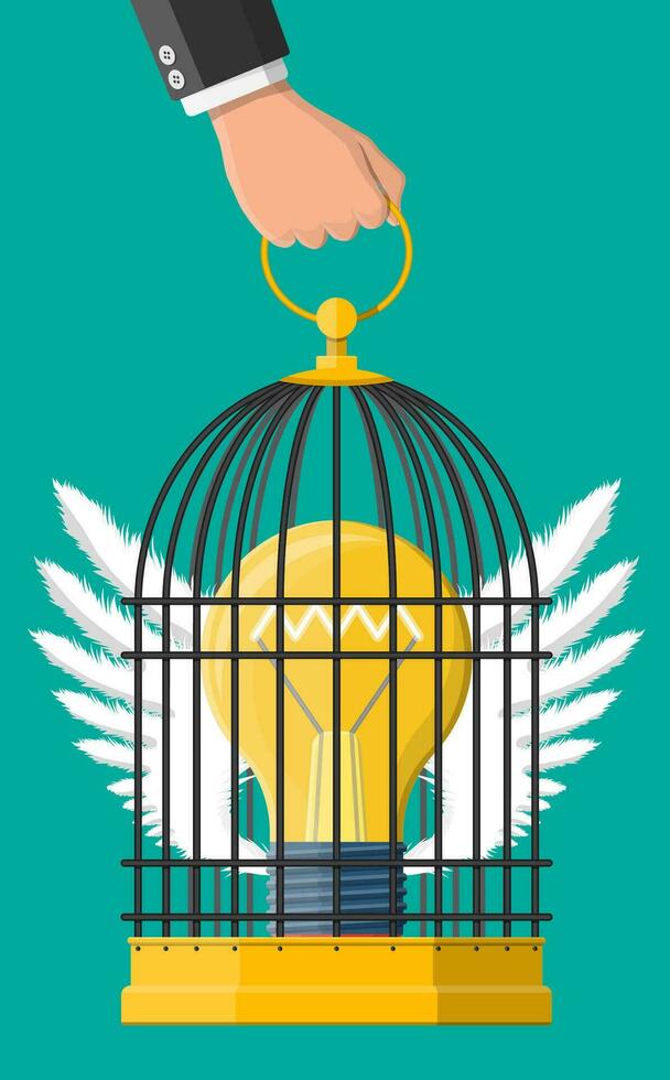 Bird cage in hand with light bulb of idea inside. Concept of creative idea or inspiration, business start up. Glass bulb with spiral and wings in flat style. Vector illustration