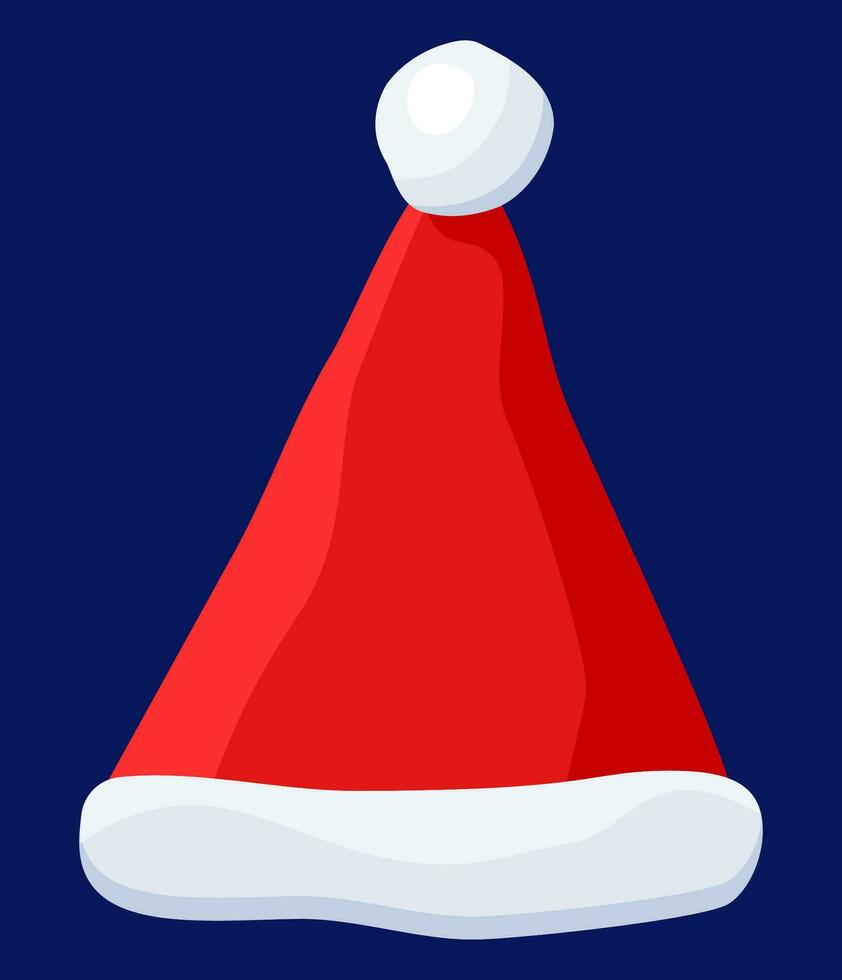 Red Santa Claus Hat Isolated on Blue Background. Hat with Fur and Pompon. Happy New Year Decoration. Merry Christmas Clothes Holiday. New Year and Xmas Celebration. Vector Illustration in Flat Style