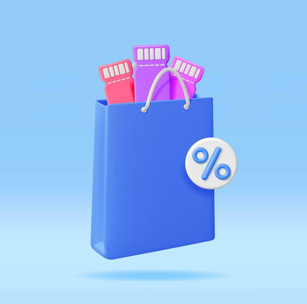 3d compras bolso con por ciento firmar y descuento cupón aislado. hacer realista regalo bolsa. venta, descuento o despeje concepto. en línea o Al por menor compras símbolo. Moda bolso. vector ilustración