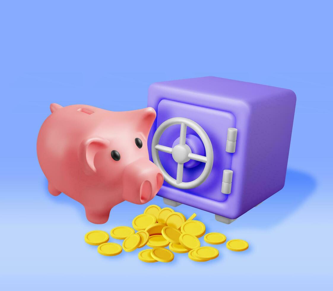 3d Safe Box Full of Money and Piggy Bank. Render Plastic Style Safebox Cash Coins Icon. Bank Vault Security, Deposit Storage, Cash Safety Safebox. Saving, Stored Money. Vector Illustration