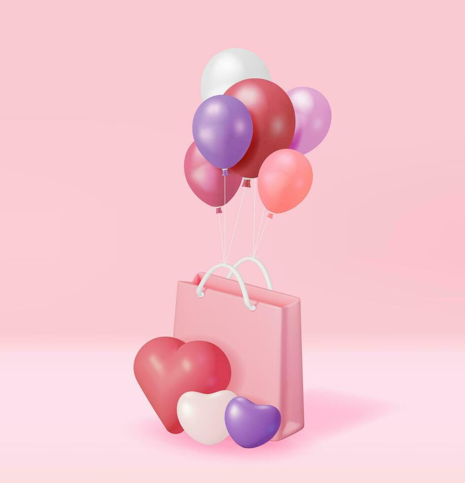 3D Pink Shopping Bag with Balloon Hearts. Render Gift Handbag with Handle and Hearts. Valentine Day, Birthday Card, Product Display Presentation Advertisement. Realistic Vector Illustration