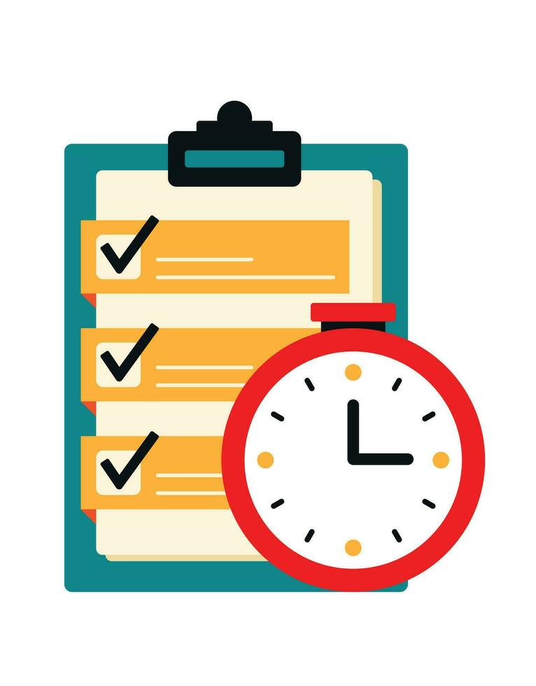 hora administración plano icono con a hacer lista y reloj animado dibujos animados vector ilustración