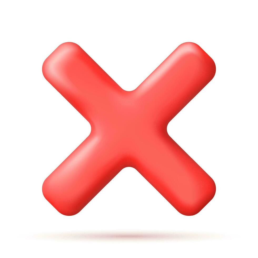 3D Wrong Button Shape. Red No or Incorrect Sign Render. Red Checkmark Tick Represents Rejection. Wrong Choice Concept. Cancel, Error, Stop, Disapprove or Negative Symbol. Vector Illustration