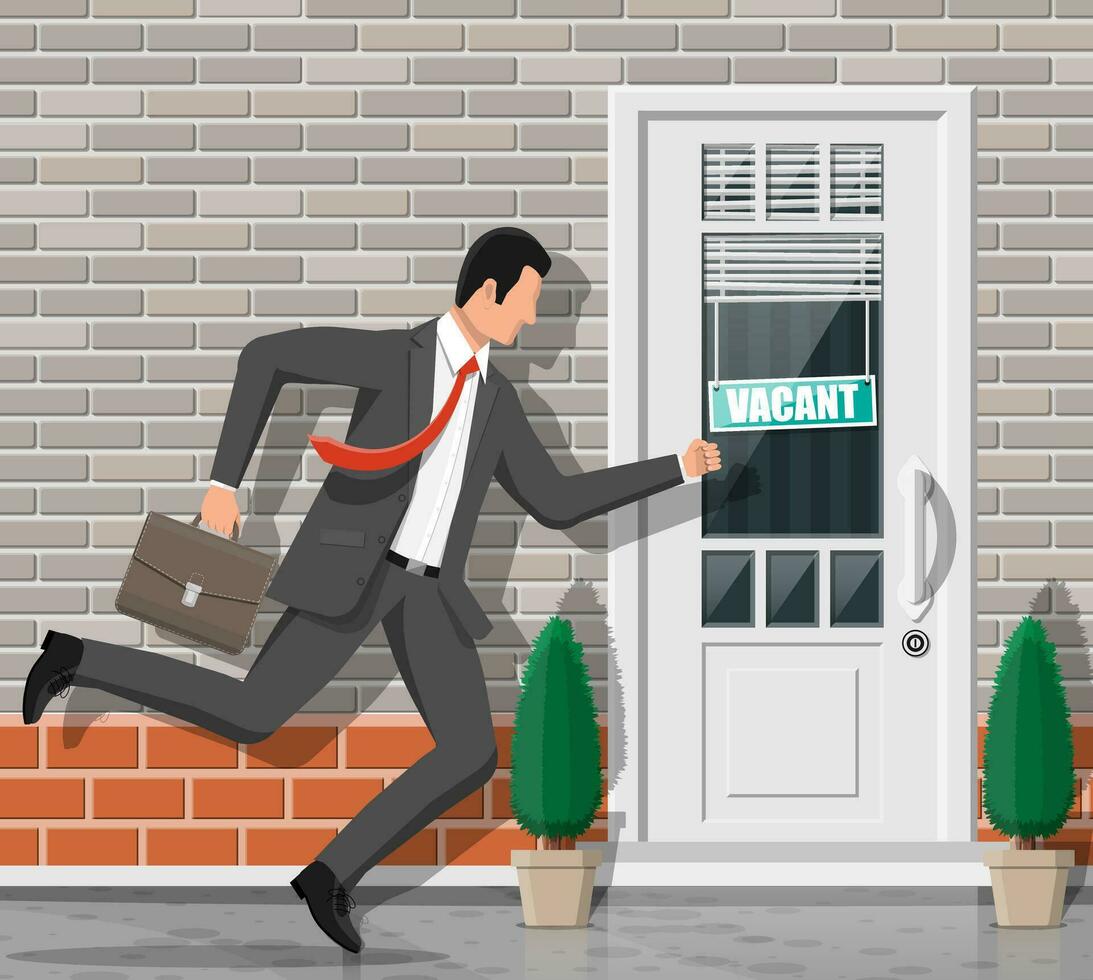 Office door with vacancy sign. Fast running employee. Hiring and recruiting. Human resources management, searching professional staff, work. Found right resume. Flat vector illustration