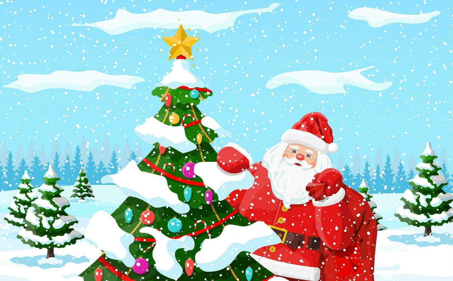 Christmas background. Santa claus with bag with gifts. Winter landscape with fir trees forest and snowing. Happy new year celebration. New year xmas holiday. Vector illustration flat style