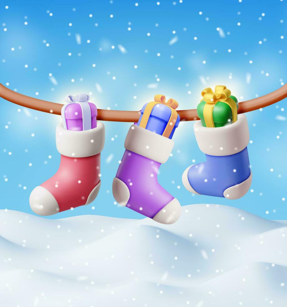 3d Navidad media en cuerda lleno de regalos, color calcetín en nieve. hacer Navidad paño medias. colgando fiesta decoraciones para regalos. nuevo año y Navidad celebracion. realista vector ilustración