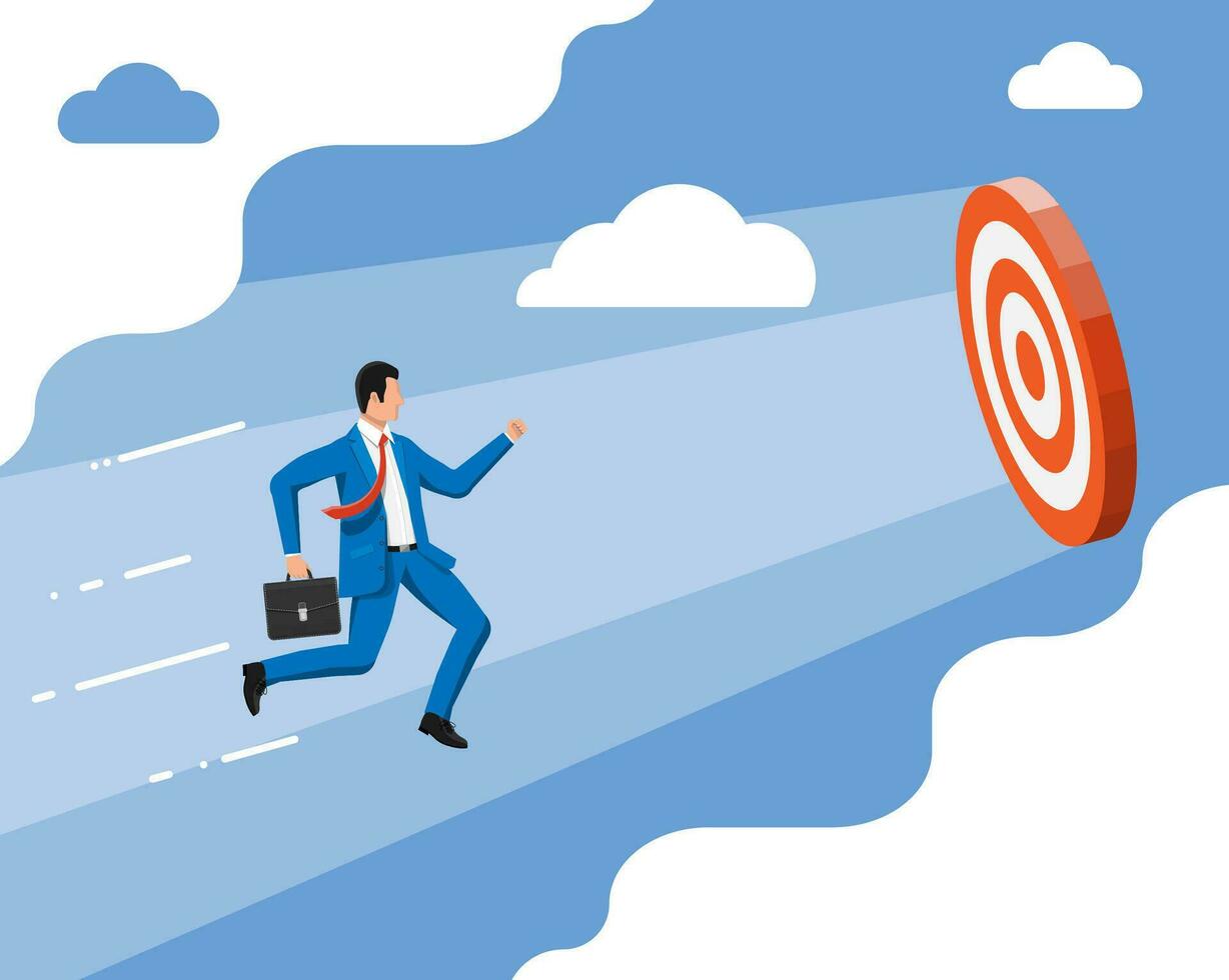 Businessman aim arrow to target. Goal setting. Smart goal. Business target. Achievement and success. Concept of success career growth. Achievement and goal. Flat vector illustration