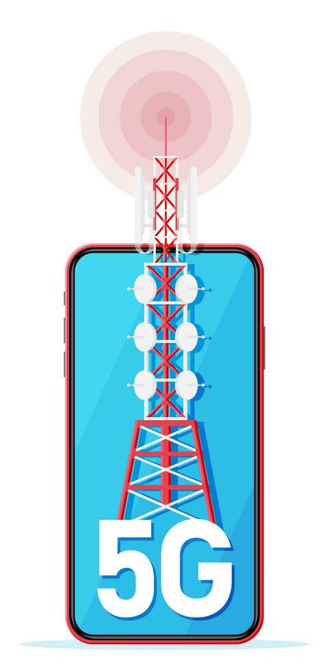 Mobile Smartphone and 5G Communication Tower. Transmission Cellular Tower Antenna. Network Broadcast Equipment Isolated. Smart Phone and Satellite Telecommunication Antenna. Flat Vector Illustration