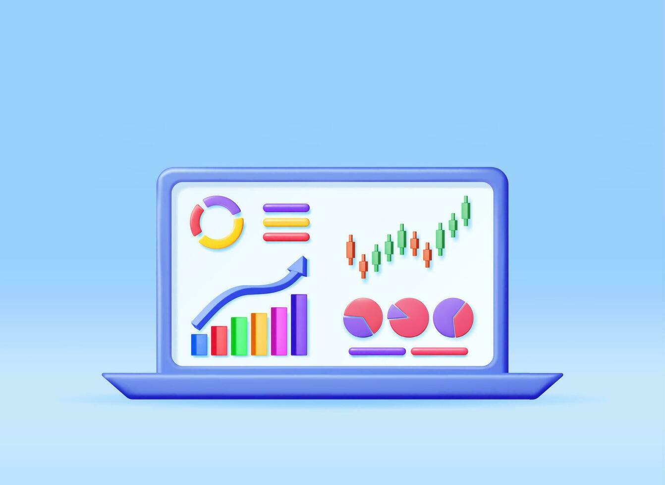 3D Growth Stock Chart and Arrow in Computer. Render Stock Arrow with Money on Laptop Shows Growth or Success. Financial Item, Report, Business Investment. Money and Banking. Vector Illustration