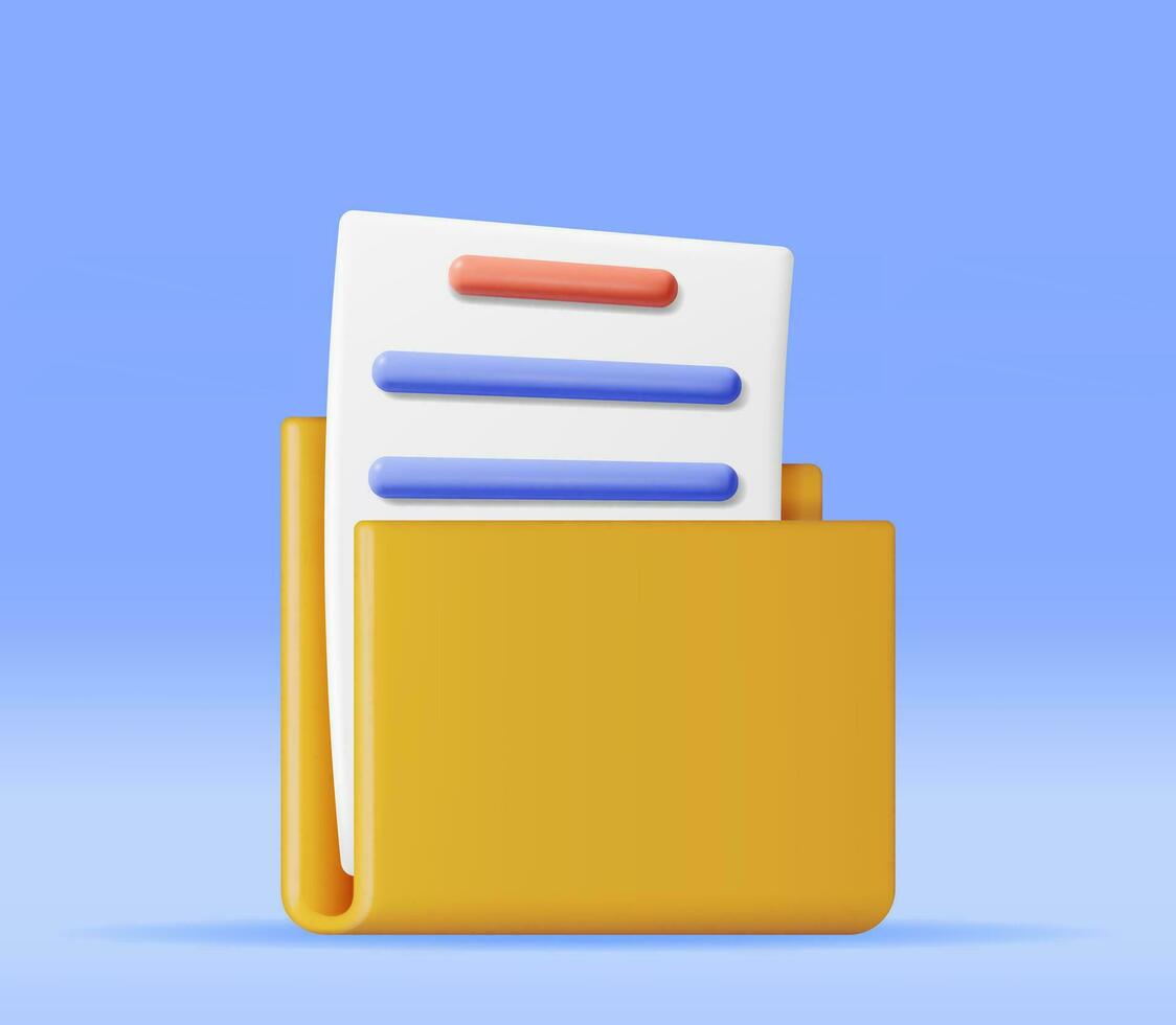 3D Business Folder full of Papers Isolated on White. Render Yellow Folder for Correspondence, File for Paper Documents. Open Folder Icon, Manila Archive Case or Ring Binder. Vector Illustration