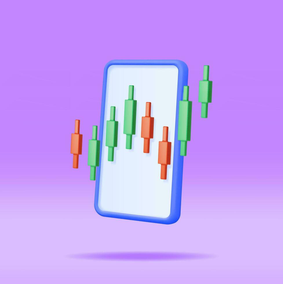 3D Growth Stock Diagram on Mobile Phone. Render Stock Candle on Smartphone Shows Growth or Success. Financial Item, Business Investment, Financial Market Trade. Money and Banking. Vector Illustration