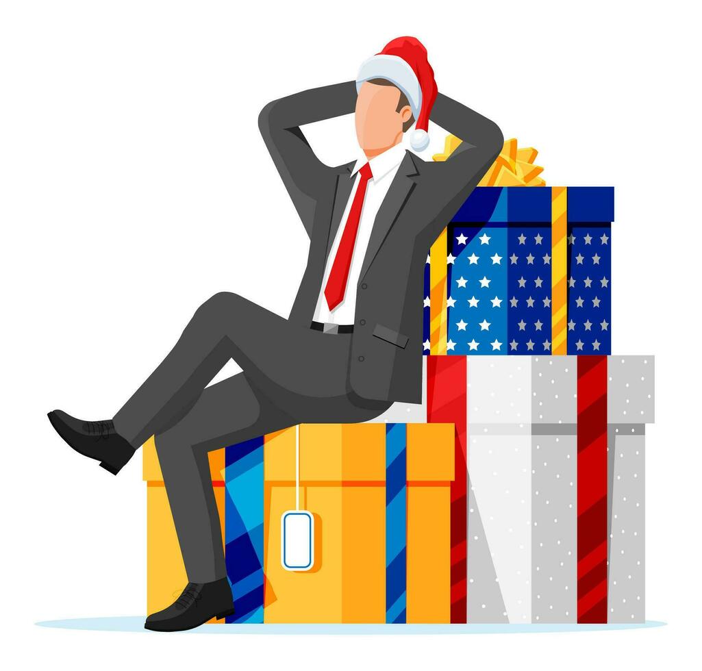 Businessman in Santa Claus Hat Sitting in Stack of Presents. Man and Christmas Gift Boxes. Happy New Year Decoration. Merry Christmas Holiday. New Year and Xmas Celebration. Flat Vector Illustration